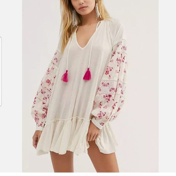 Free People Mix It Up Pink Floral Embroidered Beaded Boho Tunic Mini Dress S - Picture 1 of 13